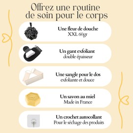 Badebox: 1 x Kessa Peeling-Handschuh für den Körper, Schwarz, 1 x Duschblume, 1 x Badegurt, 1 x Wandhaken, 1 x feste Naturseife, Geschenkidee