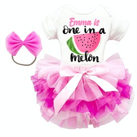 One in a melon baby Girl birthday outfit watermelon girl birthday shirt handmade customized 1st birthday outfit (Pink Design 1)