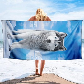 YISUMEI Microfibre Beach Towel XXL Beach Towel Lightweight Bath Towel Quick Drying Husky Sleigh Dog 180 x 90 cm