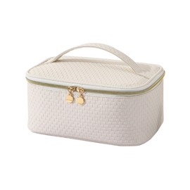 Large Capacity Travel Cosmetic Bag,Portable PU Leather Checkered Makeup Bag Water Resistant,Open Flat Toiletry Bag,Makeup Bag Organizer with Divider and Handle (D-White)