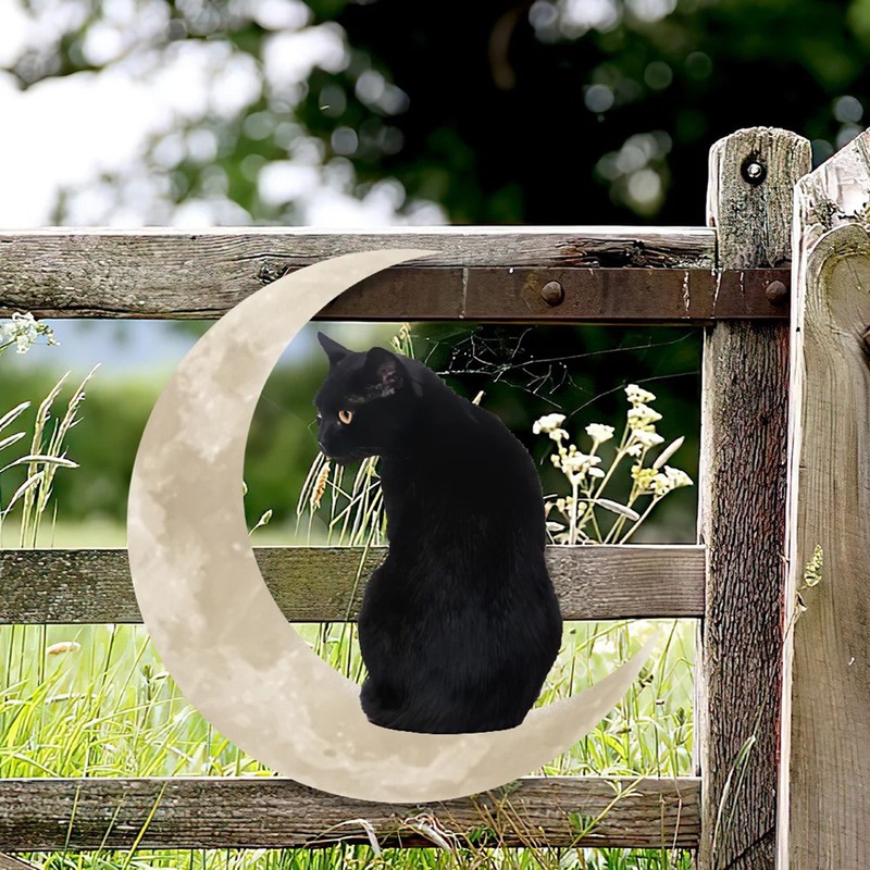 Metal Black Cat Moon Hanging Sign Cat On The Moon