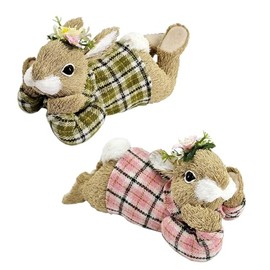 Nature Vibe 8.9 Inches Sisal Bunny Easter Decor,Set of 2 Rustic Wear Easter Bunny w Flower as Spring Decorations for Home,Couple Decorative Bunny Figurine for Easter Table Decorations