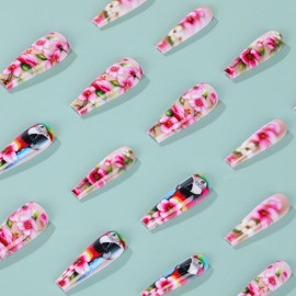 24 Pcs Pink Flower Press on Nails Extra Long Coffin Shaped Fake Nails with Colorful Parrot Designs Stick on Nails Spring Floral False Nails Glossy Full Cover Acrylic Nails for Women DIY Manicure
