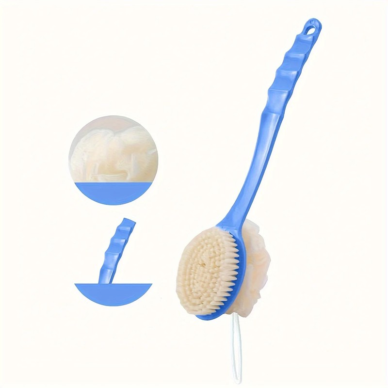 2-in-1 Long Handle Bath Brush with Soft Loofah & Bristles,