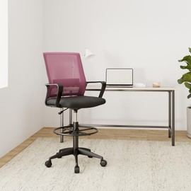 Drafting Chair Tall Office Chair Computer Chair Adjustable Height with Lumbar Support Arms Footrest Mid Back Task Desk Chair Swivel Rolling Mesh Drafting Stool for Adults Women Girls(Pink)