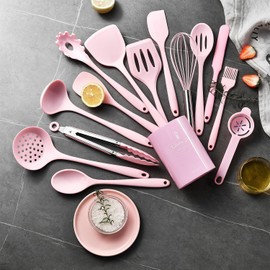 IMLUCKY Set de utensilios de silicona para cocinar: 15-Piezas Cucharas y Espátulas - Resistente a alta temperatura/no tóxico/Antiadherente - ideal para familias y regalos festivos (Rosa)