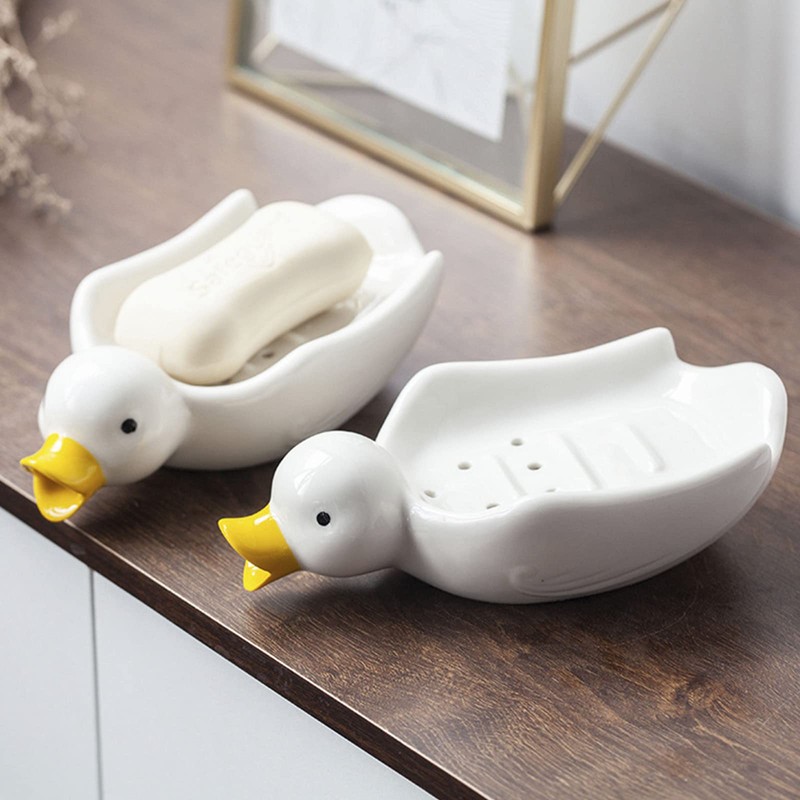 Jaugufiy Ceramic Duck Soap Tray Drain Soap Holder Soap Dish