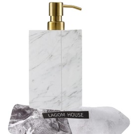 LAGOM HOUSE Marble Soap Dispenser, White Italian Natural Stone Marble Liquid Hand Soap Dispenser Decorative Bottle for Kitchen Bathroom Countertop Gold Stainless Steel Lotion Pump Dispenser