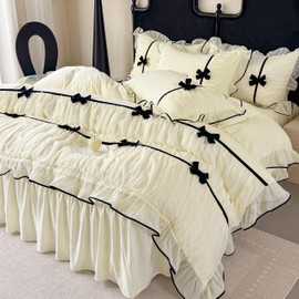 Ruffle Beddding Set with Bowtie,Girls Lace Bedding,Full Comforter Cover Set, Chic Ruffled Duvet Cover with Lovely Bow,Princess Style 1 Duvet Cover with 2 Pillowcases, No Comforter