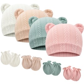 DRESHOW Newborn Baby Beanie Hat and Gloves, Baby Girl Beanie Spring Summer Autumn Winter Hats for 0-6 Months Infant Cotton
