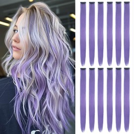 myhstory 12 PCS Light Purple Clip in Hair Extensions,Highlighted Hair Piece Straight Synthetic Clip in Hairpieces for Women Colored Hair Extension (Light Purple)