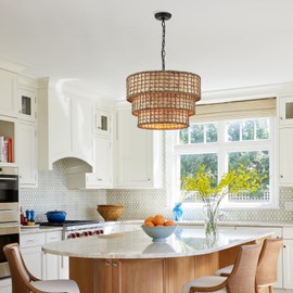 ELYCCUPA 20” Hand-Woven Rattan Pendant Light 3 Round Boho Chandelier Transitional Minimalist Large Pendant Lighting Fixtures for Kitchen Island Dining Room Living Room Hallway, UL Listed