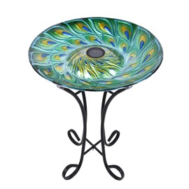 Hi Line Gift Ltd. Solar Glass Turquoise Peacock Feathers Bird Bath with Stand, Multicolor (78415-P)