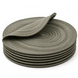 Youyi Round Braided Placemats Set of 6, 15 Inch Place Mats Washable Heat Stain Resistant Resistant Non-Slip Modern Farmhouse Table Mats for Kitchen Decor, Light Gray