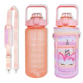 Mindunm 64 oz Water Bottle with Straw Sleeve & Strap Motivational Half Gallon Water Jug with Handle for Gym Women Men Aesthetic Water Bottle with Strap Unicorn