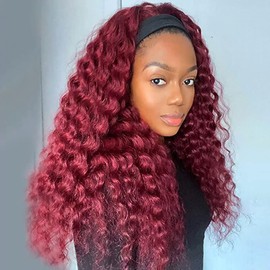 XSY 99J Burgundy Headband Wig Human Hair Deep Wave Red Wig Glueless Headband Wig Deep Wave None Lace Front Wigs Human Hair for Black Women 150% Density Wig Curly Hair 24 Inch