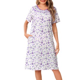 Lovasy Cotton Nightdresses for Women UK Button Front Nighties for Women Soft Ladies Nighties Nightshirts Short Sleeve Floral Print Womens Night Dress with Pockets,Purple Floral,L