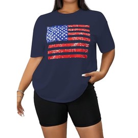 Women's Plus Size 4th of July Tops USA Shirt Memorial Day Red White and Blue Patriotic Shirts American Flag Graphic Tees (Blue-2,4XL)