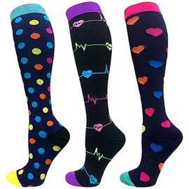 Dress Cici Women Colored Compression Socks Heartbeat, Heart Shape, And Dot Pattern, Knee High Compression Socks for Ladies Small Size (3 Pairs: Black Multicolor), Asia Size S