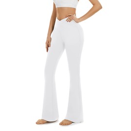 Aoliks White Women's Casual Bootleg Yoga Pants, Crossover High Waisted Flare Workout Pants Leggings