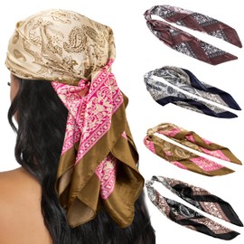 HBselect 4PCS Head Scarf for Women 35” Head Scarves Silk Like Satin Neck Scarfs Square Bandana Hair Wraps Scarf for Sleeping, Navy Blue, Black, Purple, Coffee, 35 inches