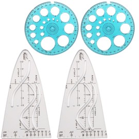 GLPRKOW Set of 4 Maths Stencils Set: 2 Flexible Cosine Tangent Curve Rulers and 2 360° Round Scale Geometry Rulers, Dimensionally Stable Plastic Stencils for Students, Office, Designer
