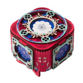 WHNICUST 3D Wooden Puzzle Music Box with Light Up Four-Leaf Clover, DIY Mechanical Model Kit, Desktop Decoration Jewelry Box for Adults, Birthday (Rose Red)