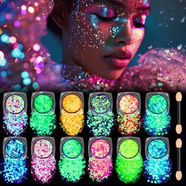 COKOHAPPY Festival Glitter Gel for Face, Body and Hair - 12 Colours Fluorescent Coarse Sequins Glitter No Glue Required Easy to Wash Decoration for Festival, Party and Rave