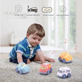 JACKEYLOVE Toddler Toys for 1 Year Old Boy Cars for Kids Pull Back Baby Toy Car, Frist Birthday Gift for 18 Months Boys Girls 4PCS with Light and Sound