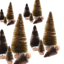 Asodomo 16 Pcs Artificial Sisal Christmas Trees Mini Bottle Brush Trees Desktop Miniature Pine Trees with Wood Base for Xmas Holiday Party Home Decor (Brown)