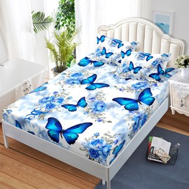 AILONEN - Juego de sábanas bajeras de mariposa azul para niñas, tamaño individual, teñido anudado, diseño floral, microfibra suave, sábana bajera transpirable de 3 piezas para niños y mujeres, con 2