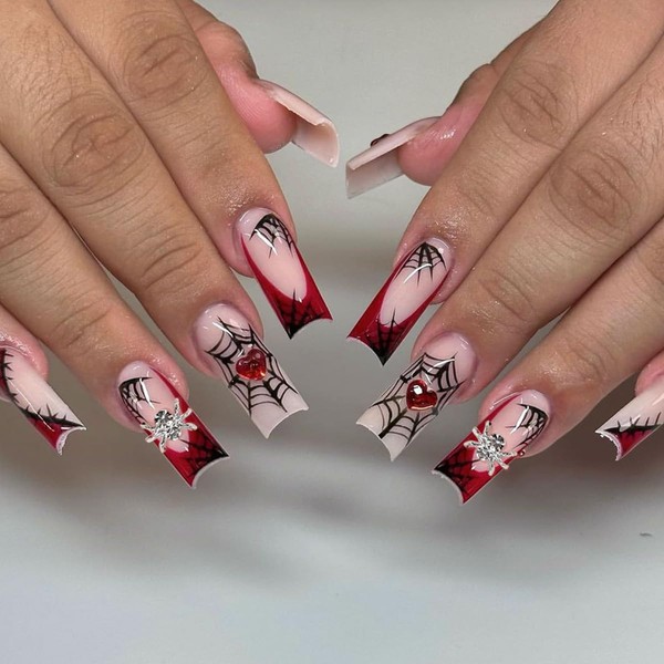 AkiliBIELY Halloween Press on Nails Square Long Red Black Bare
