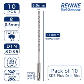 10 Pack Of - 6.5mm x 210mm Long SDS Plus Hammer Drill Bits, Professional Tungsten Carbide Tipped Masonry Drill Bit For Brick, Concrete, Stone, Granite. 6.5mm SDS Drill Bit