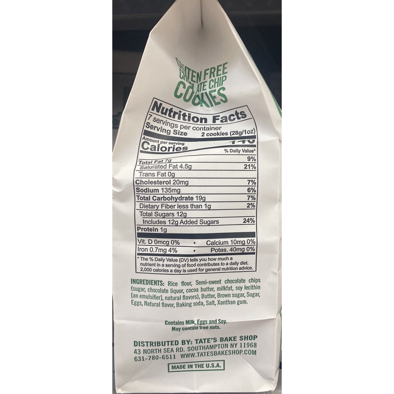 Tate's Bake Shop GLUTEN FREE Chocolate Chip Cookies 7 oz