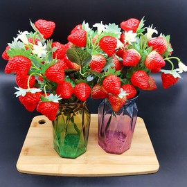 XIZHI 11.7" Artificial Strawberries Decor 2 Bunches Fake Strawberry Branch Beautiful Red Strawberry Branches Decoration for Home Holiday Farmhouse Table Centerpiece and Home Decoration