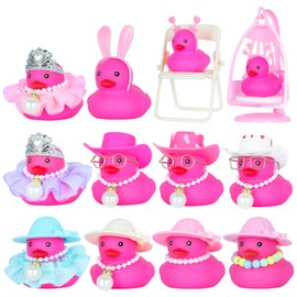 12pcs Sun Hat Pink Rubber Ducks with Sun Hat, Sunglasses, Mini Ducks for Car Dashboard Decoration