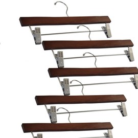 FireKingdom 5pcs Beautiful Dark Cherry Finish Adult Size Solid Wood Wooden Hangers with Polished Chrome Hook Clamp for Clothes Trousers Pants Skirts