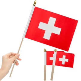 LoveVC 12Pcs 8×12 Inch Switzerland Flags Small Swiss Flag on Wood Stick Mini Handheld Flags Decorations
