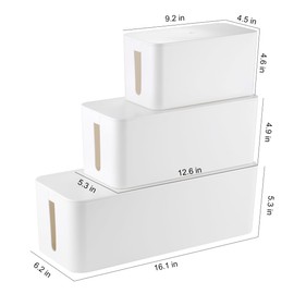 3 Pack Cable Management Box with 18 PCS Cable Management Set - Large & Medium & Small Cable Organizer Box to Hide Wires & Power Strips | TV Cord Organizer Box | for Home & Office, White