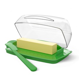 Butter Dishes with Lid for Countertop Refrigerator, Clear Butter Dish Plastic Flip Top Lid Butter Container with Spreader, Non-Slip Bottom Butter Holder Keeper (Transparent Cover Green)