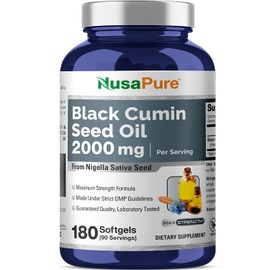 Aceite de semilla negra de 2000 mg por porción, 180 cápsulas de gel suave (sin OMG y sin gluten) prensado en frío, produce aceite de semilla de comino negro puro con vitamina E