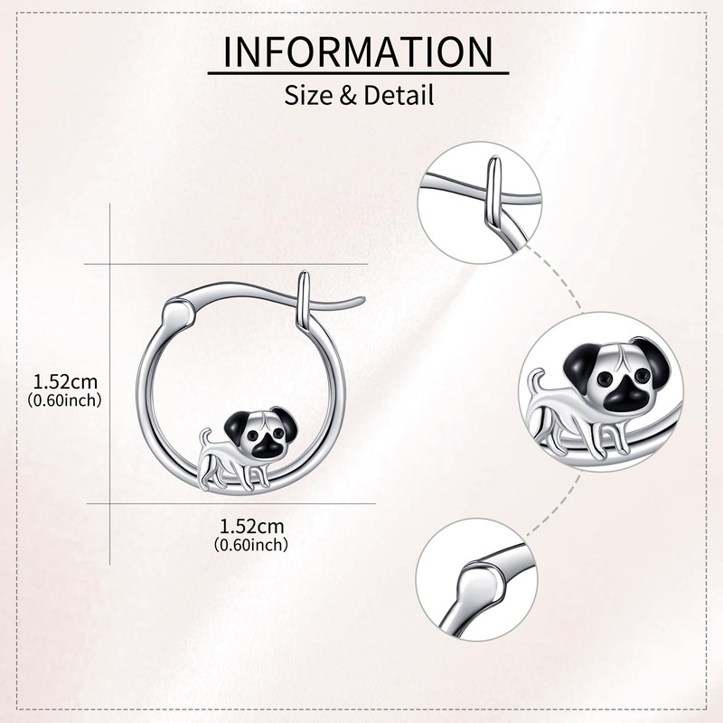 Sterling Silver Pug Hoop Earrings - Charming Pug Dog Jewelry,