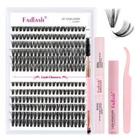 DIY Eyelash Extensions Set, FADLASH Cluster Eyelashes, DIY Eyelash Cluster Set, Lashes, Eyelash Extensions, Lash Bond and Seal Eyelash Tweezers and Eyelash Remover, Eyelash Brush (40 + 50D-0.07D-8-16