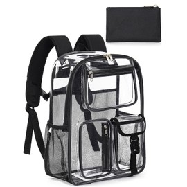 QOECI Heavy Duty Clear Backpack For School, 17 Inch Clear Bookbag For Kids Boys Girls Women Men, Large See Through Backpack With An Extra Pouch Accessories, Tranparent Bag, College Sport Work, Black