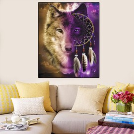 WOWDECOR Cross Stitch Embroidery Kits for Adults Kids, Wolf and Dream Catcher Feathers 11CT Stamped DIY DMC Needlework Easy Beginners
