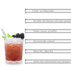 Bavarian Sayings Edition Glass Straws 6 Engraved Funny Party Drinking Sayings - 15 cm