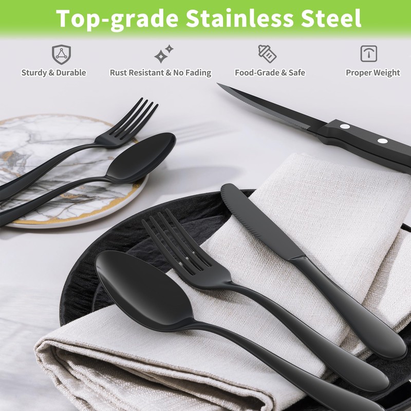 24-Piece Black Silverware Set with Steak Knives, Stainless Steel Flatware