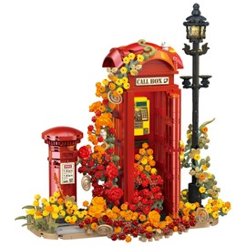 MEIEST Red London Telephone Box Building Blocks Set for Adults,Ideas Flowers Phone Booth Mailbox and streetlights,Creative Gift Home Office Retro Decor