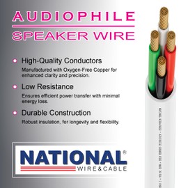 NATIONAL Wire&Cable - 14/4 Audiophile Speaker Wire (50 Feet) 14AWG Gauge - Made in USA - in Wall Audio Speaker Wire Cable/CL Rated/ETL Listed / 2 Conductors - OFC Oxygen-Free Copper, White 50ft