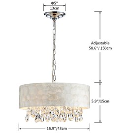 AGV LIGHTING CH020 Capiz Shell Chandeliers, Modern K9 Crystal Pendant Light Fixture, 4 x E12 Sockets, D17 x H6, Adjustable Chains 59", Chrome Chains & Clear Crystal & White Shell Lampshade